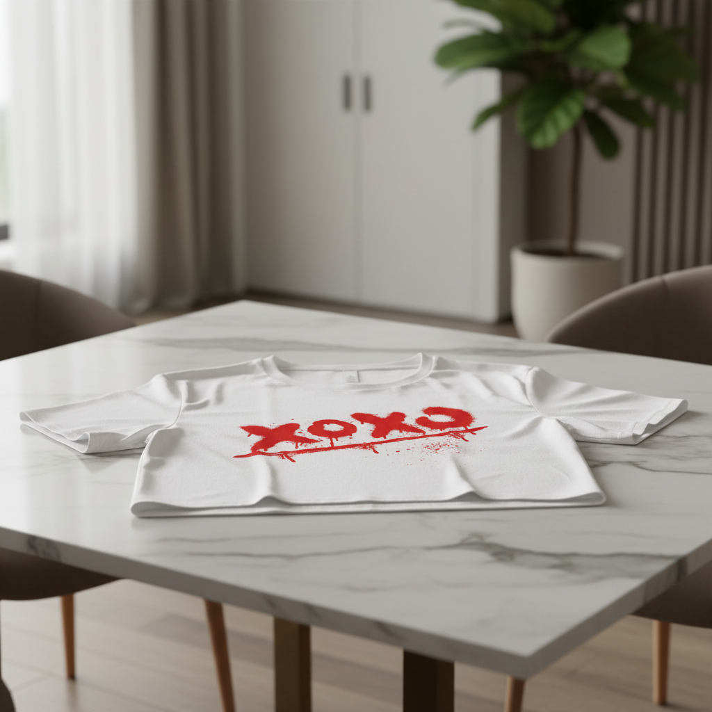 White crop top with red xoxo graphic by flyliving, featuring a spray paint effect, lying flat on a marble table.