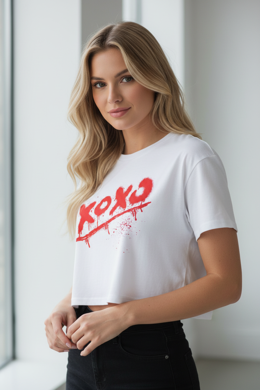White "xoxo" graphic crop top by flyliving, with red spray paint design, short sleeves, worn with black jeans.