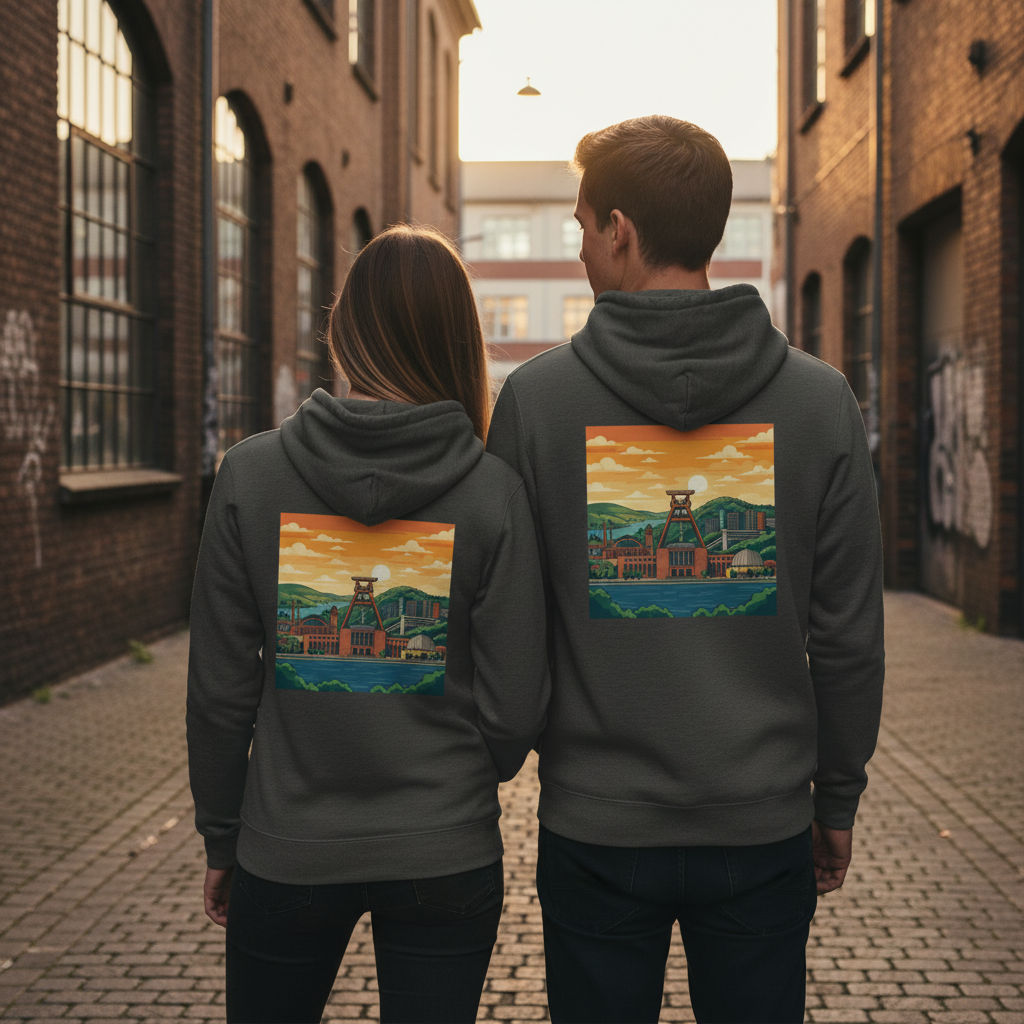 Dunkelgrauer städte-hoodie mit nachhaltigem reißverschluss und buntem industrie-hinterlandschaftsprint auf der rückseite