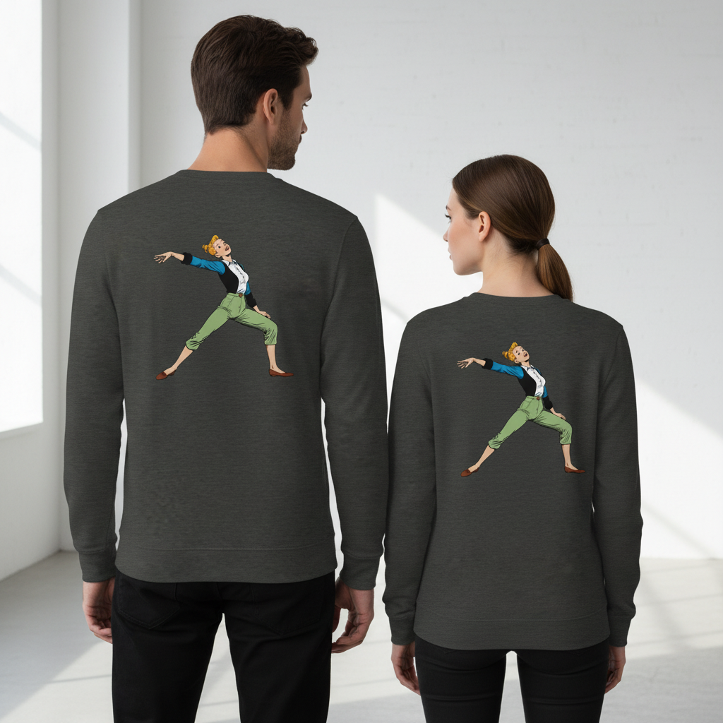 Dunkelgrauer vintage comic pullover mit farbenfroher tanzillustration für humorvollen alltagsstil
