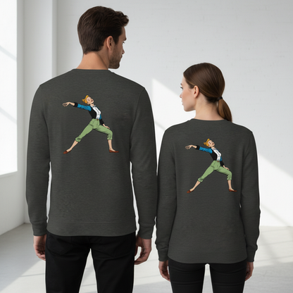 Dunkelgrauer vintage comic pullover mit farbenfroher tanzillustration für humorvollen alltagsstil