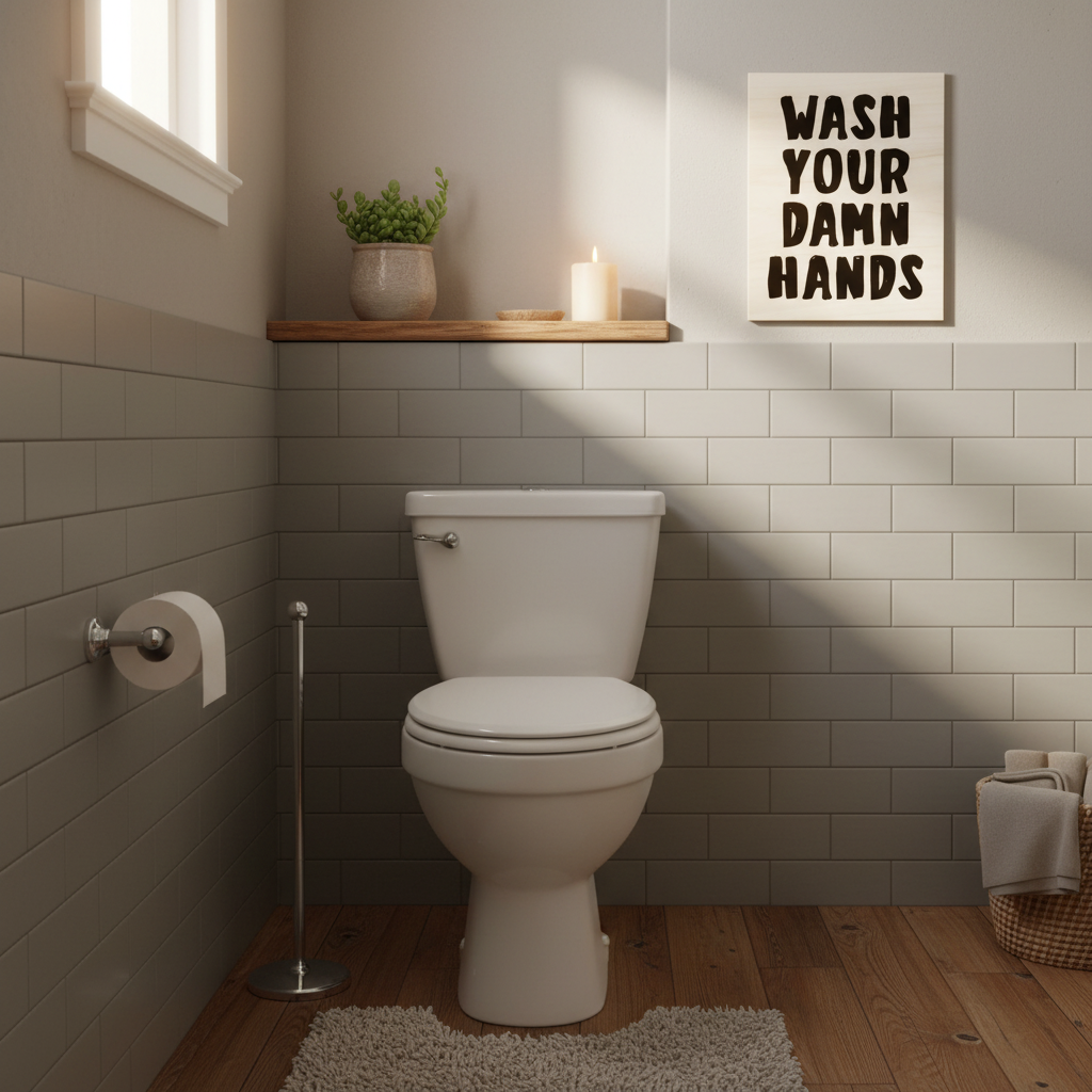 Lustiges Badezimmer Holzbild mit Spruch - Hochwertiger Holzdruck für Gäste WC - Rustikale Wanddeko aus Birkenholz - Geschenkidee für Freunde