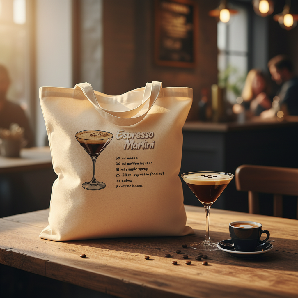 Creamfarbener canvas shopper mit aufgedrucktem espresso martini rezept und illustration aus 100% baumwolle