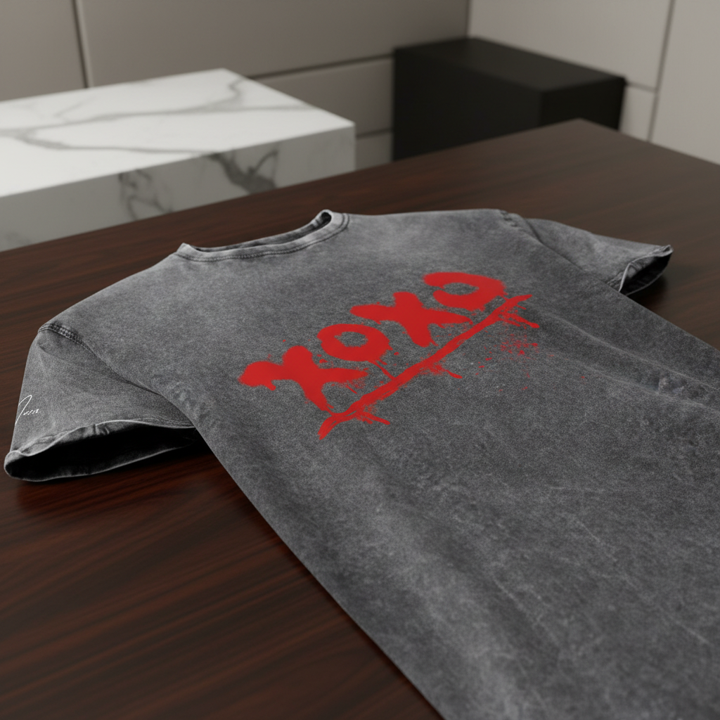 Dark gray denim t-shirt by flyliving, featuring a distressed red 'xoxo' graphic and splatter details.