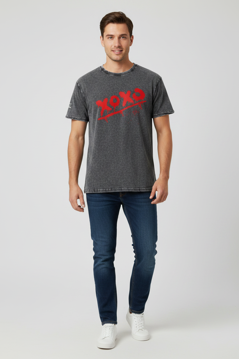 Dark grey stone-washed cotton crewneck t-shirt by flyliving with a red 'xoxo' graphic.