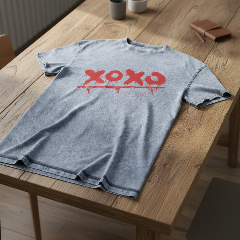Stone-washed gray cotton t-shirt by flyliving with a red 'xoxo' graphic and drips, laid on a wooden table.