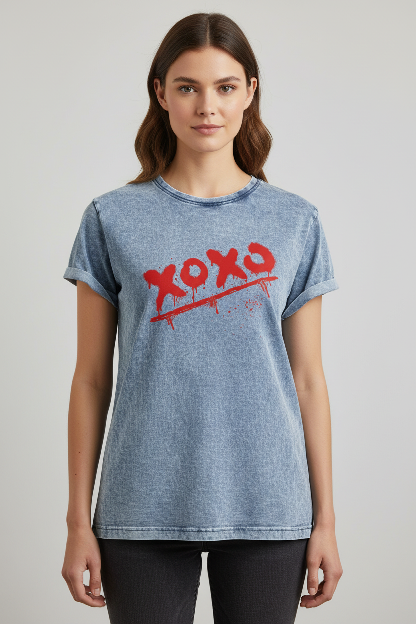 Stone-washed blue denim T-shirt by flyliving with red 'XOXO' graphic and splatter details, featuring a ribbed crewneck.