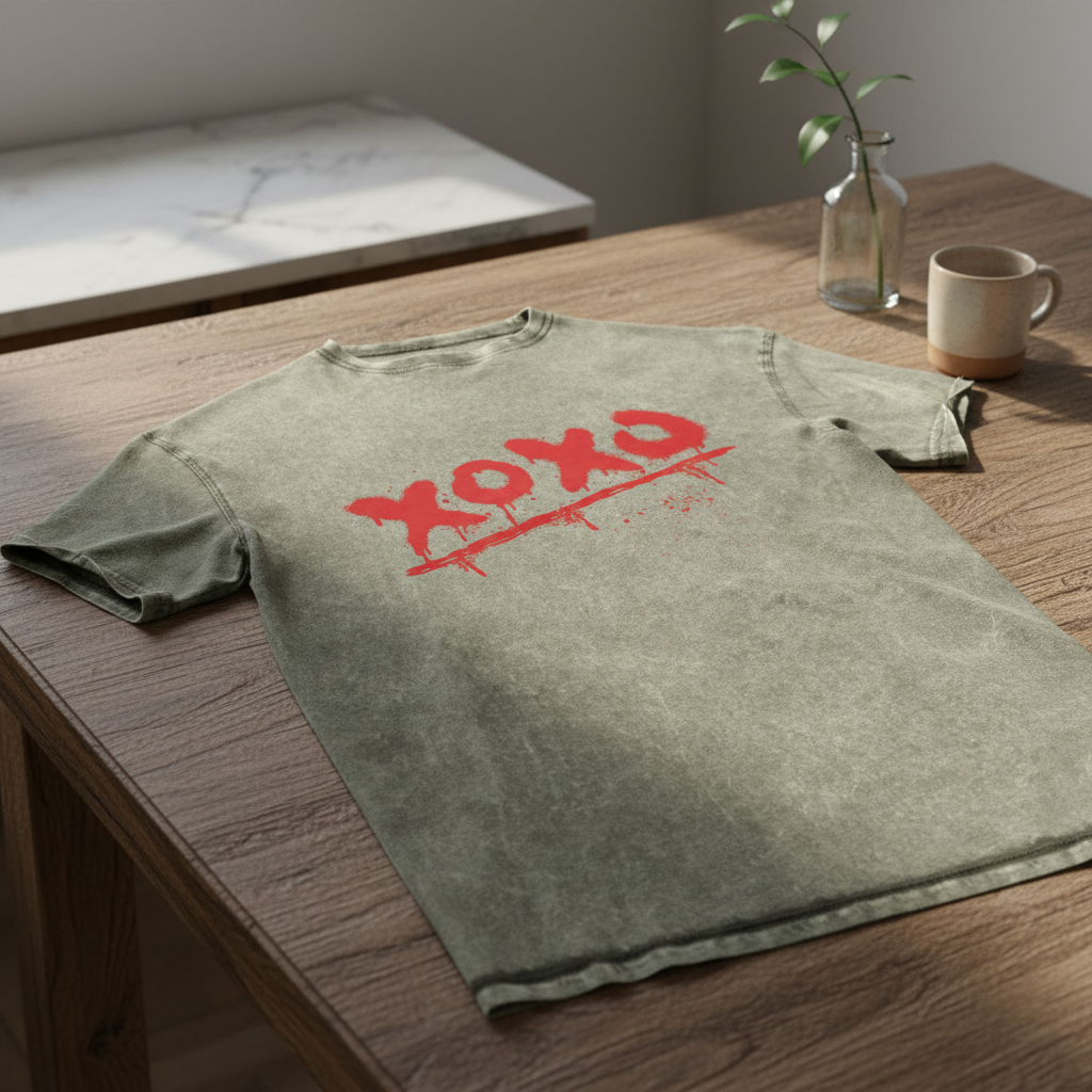 Washed olive green crewneck cotton T-shirt by flyliving with a red spray-painted 'XOXO' design and splatters, laid on a wooden table.