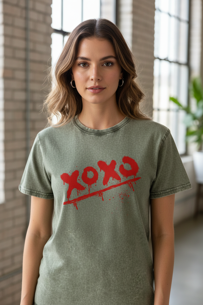 Olive green cotton crewneck Denim T-Shirt by flyliving, featuring a red 'xoxo' graffiti graphic with a strikethrough and splatters, worn by a woman.