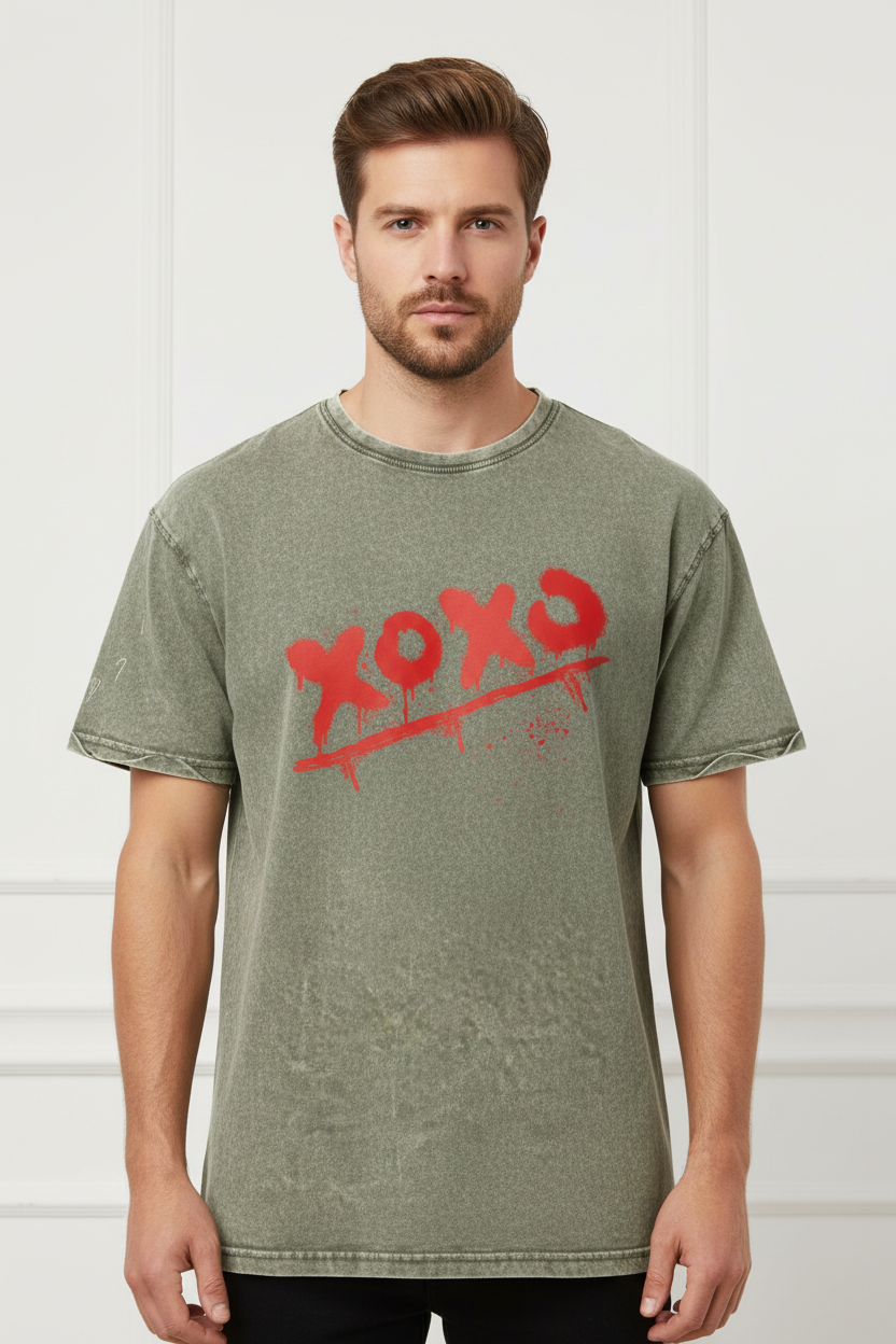 Olive green distressed cotton crewneck t-shirt by flyliving with a red 'xoxo' graffiti print.