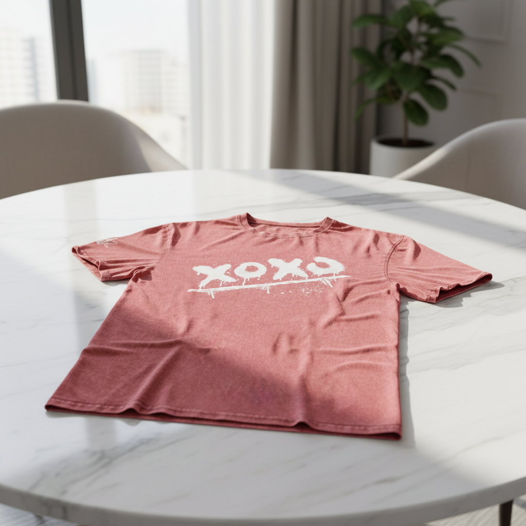 Reddish-brown heathered cotton crewneck t-shirt by flyliving with white XOXO graffiti graphic, laid on a marble table.