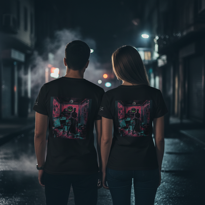 Rückseite eines schwarzen unisex bio-baumwoll t-shirts mit lebhaftem pink-türkis künstler-motiv für individualisten