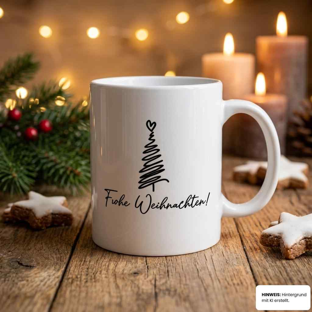 Tasse Doodle-Tannenbaum auf Holztisch mit Zimtsternen und Kerzen – flyliving