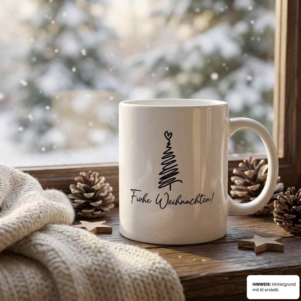 Tasse Doodle-Tannenbaum am verschneiten Fenster – flyliving