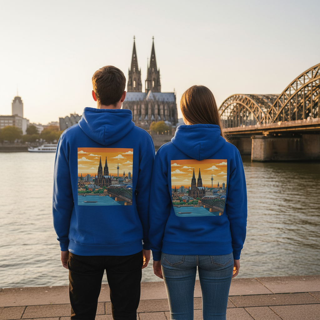 Rückseite eines blauen nachhaltigen kapuzenpullover mit städtehumor grafik twin spires und brücken im orangefarbenen sunset