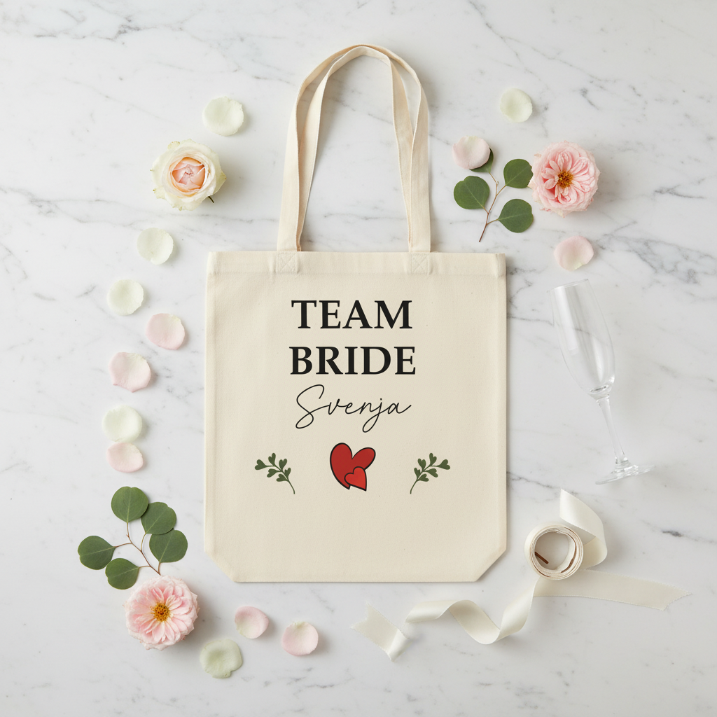 Creamfarbener JGA Jutebeutel aus Canvas mit team bride svenja in schwarz und roten Herzen sowie grünen Blättern