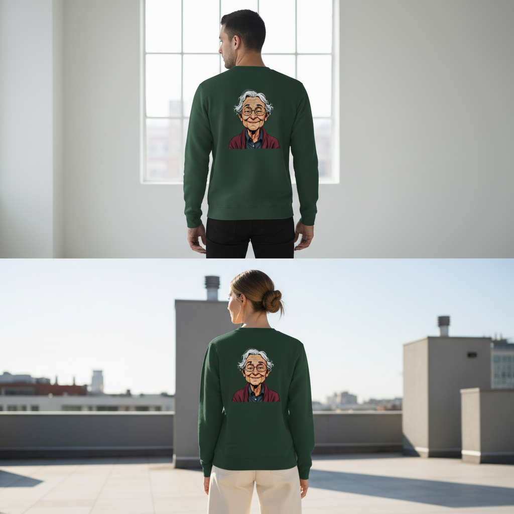 Dunkelgrüner langarm vintage comic pullover mit cartoon illustrationen einer älteren frau für alltag und style