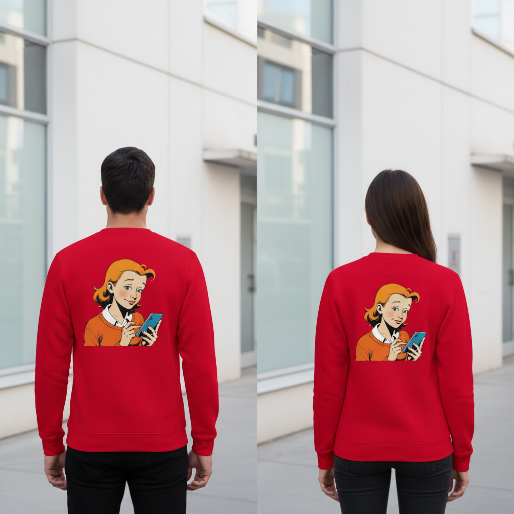 Rotes vintage comic pullover mit cartoon frau in oranger strickjacke und blauem telefon auf der rückseite
