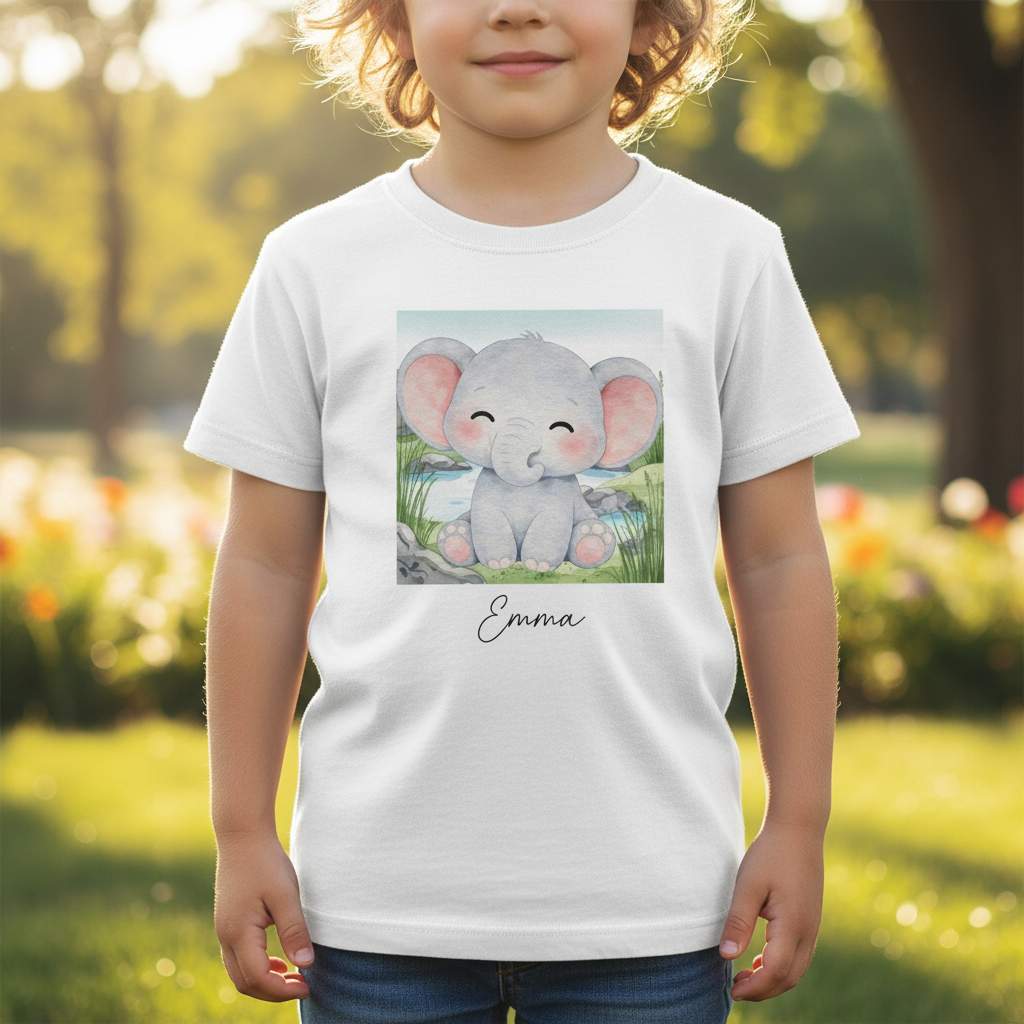 Weißes baumwoll-kinder-t-shirt mit aquarell-grauem elefanten und dem namen emma in eleganter schrift personalisiert