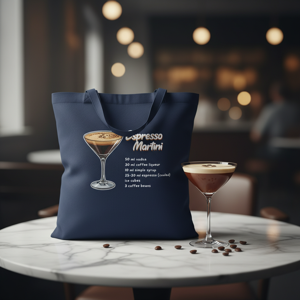 Navyblaue leinentasche mit weißer illustration eines espresso martini cocktails und rezept aus 100% baumwolle