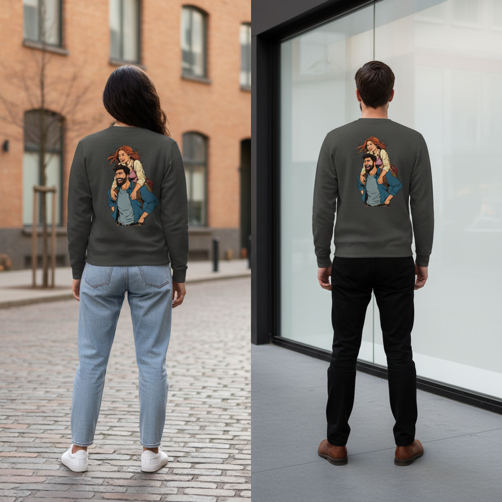 Dunkelgrauer vintage comic pullover mit buntem cartoonmotiv eines mannes der eine frau auf den schultern trägt