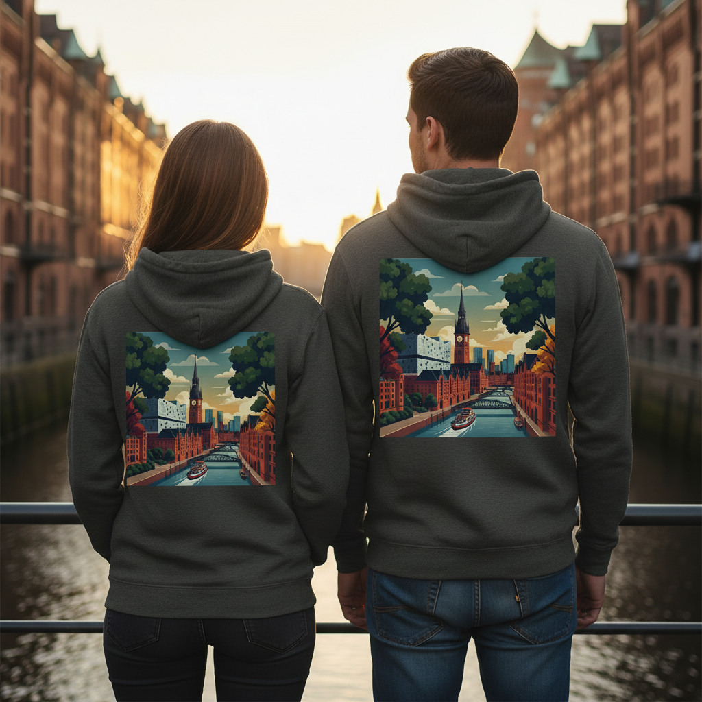 Dunkelgrauer kapuzenpullover mit farbenfrohem städte-illustrationsprint auf der rückseite mit grünen bäumen und ziegelgebäuden