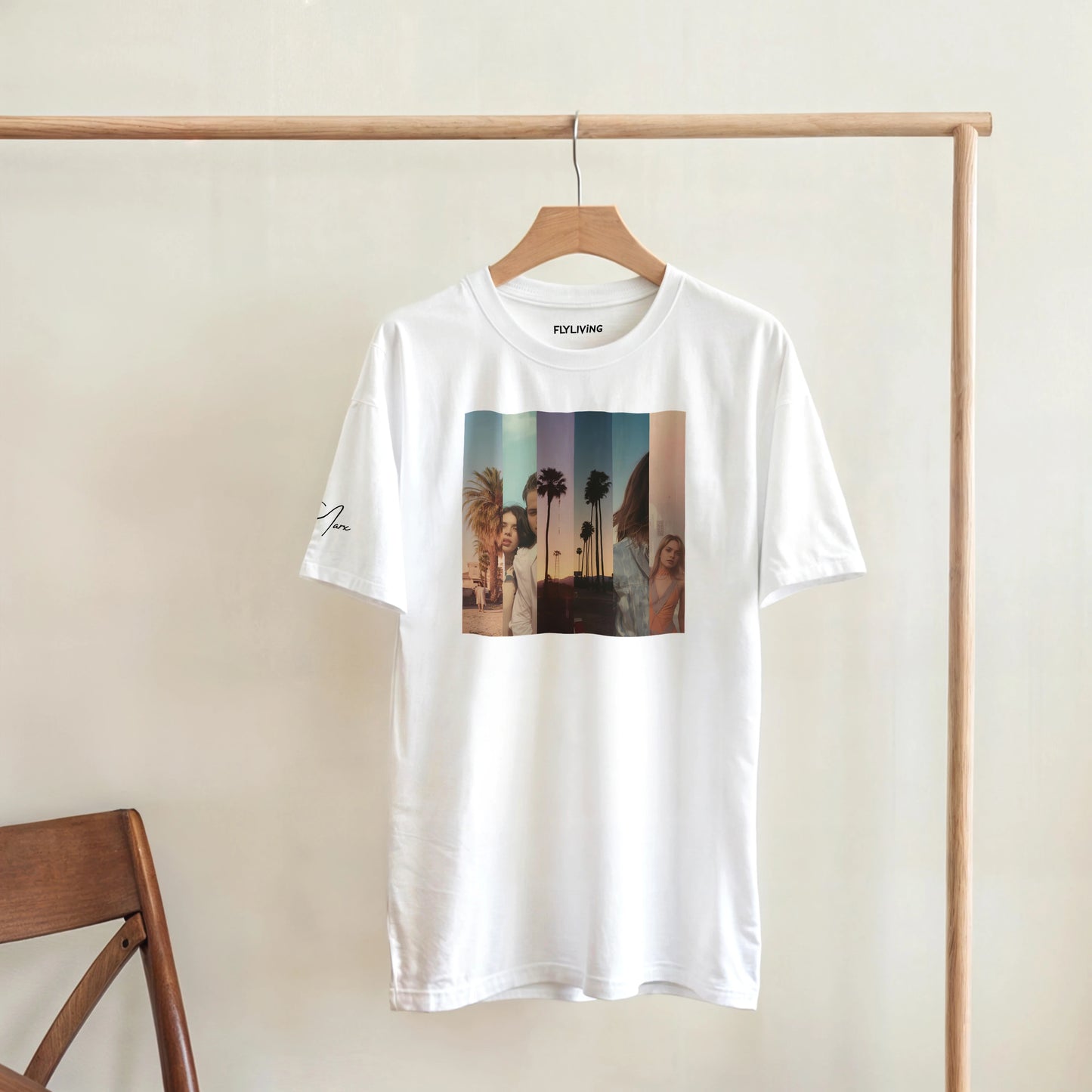 Weißer baumwoll t shirt la sentimental heavyweight mit buntem, vertikal segmentiertem palmendesign und sonnenszene