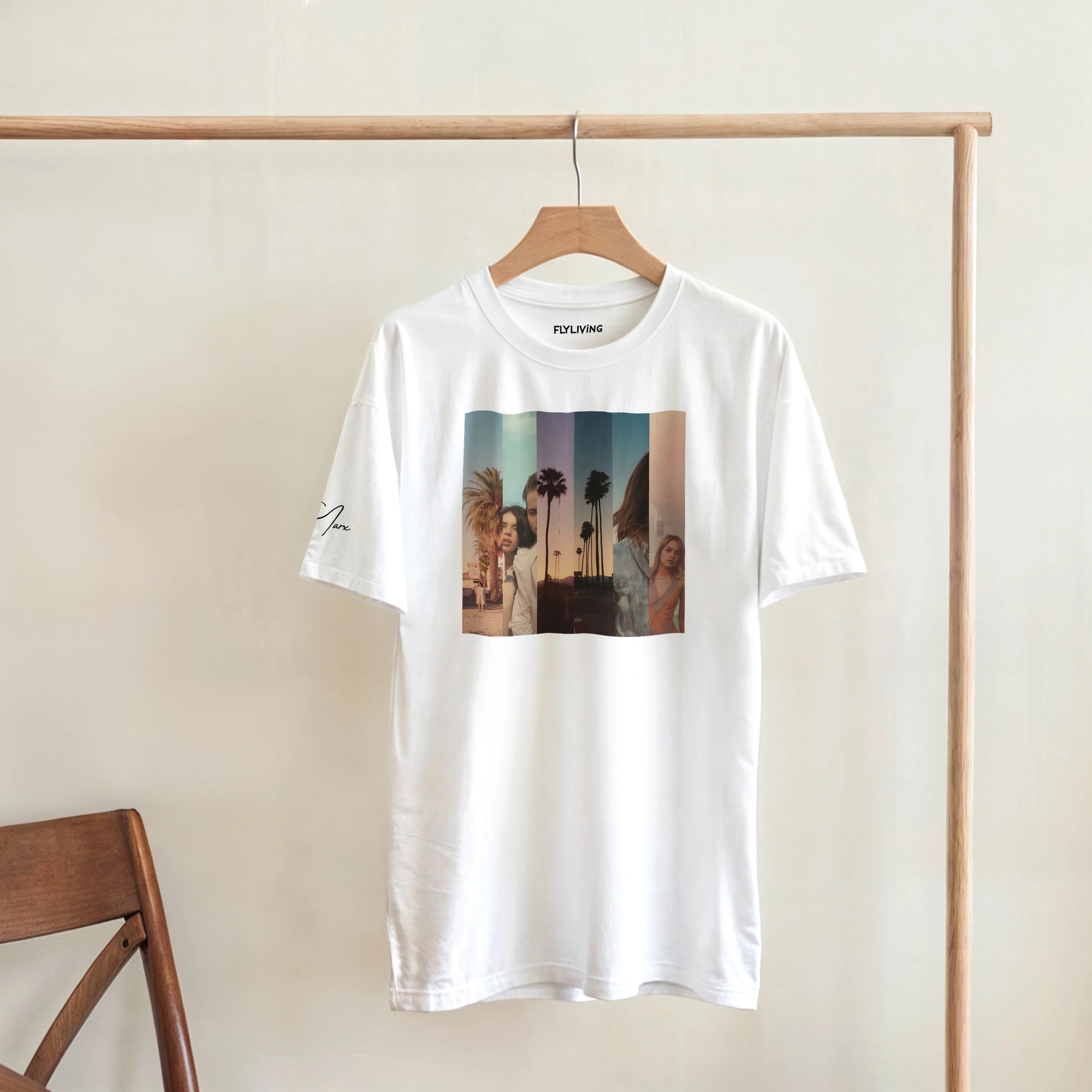 Weißer baumwoll t shirt la sentimental heavyweight mit buntem, vertikal segmentiertem palmendesign und sonnenszene