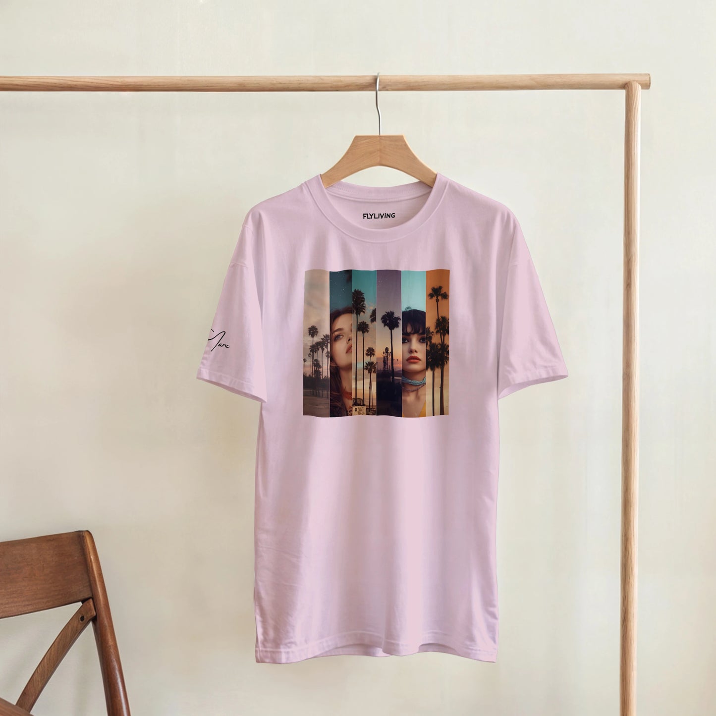 Ein weiches lavendelfarbenes baumwoll-t-shirt mit einem bunten senkrecht segmentierten grafikdruck zweier frauen und palmen vor einem sonnenuntergang im la sentimental heavyweight t-shirt premium streetwear basic