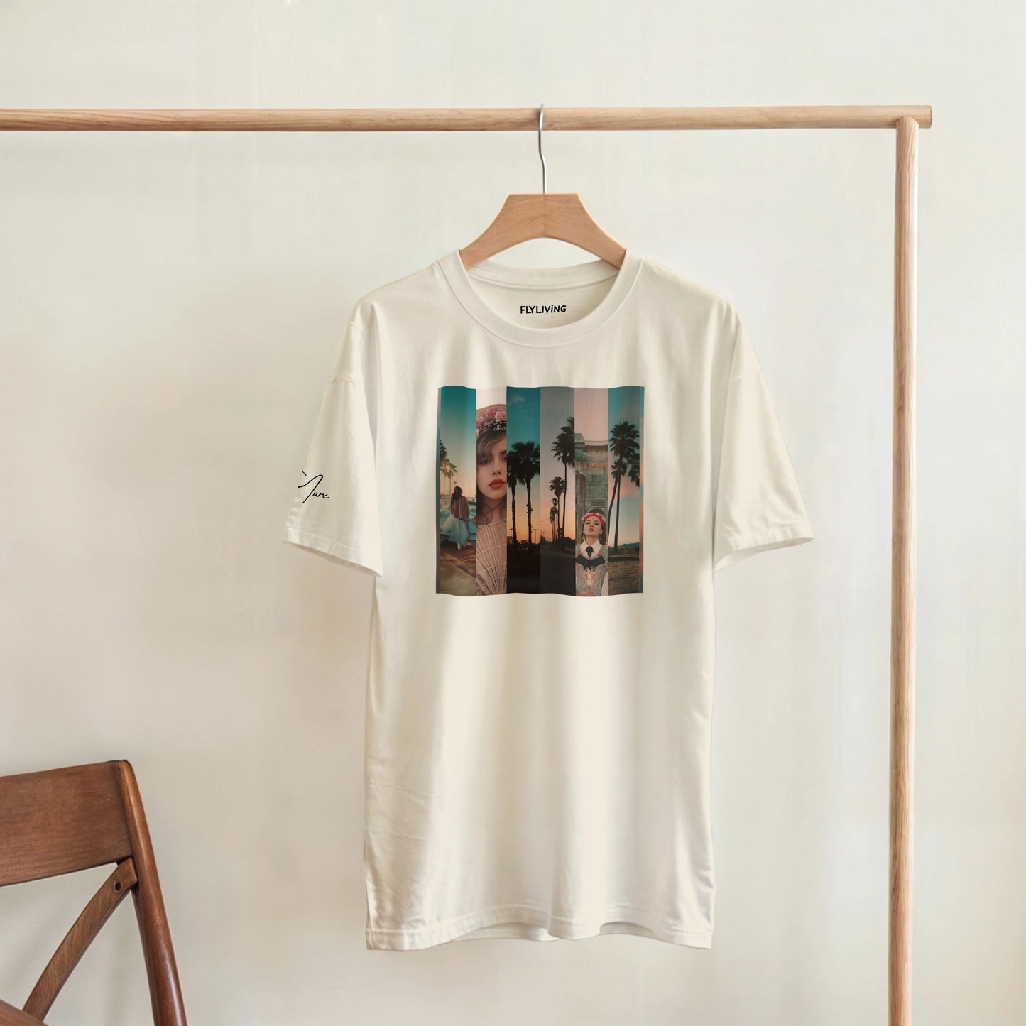 Off-white Baumwoll T-Shirt mit rechteckigem Collage Print von Palmen und Frauen vor Sonnenuntergängen und flyliving Stick auf dem Kragen