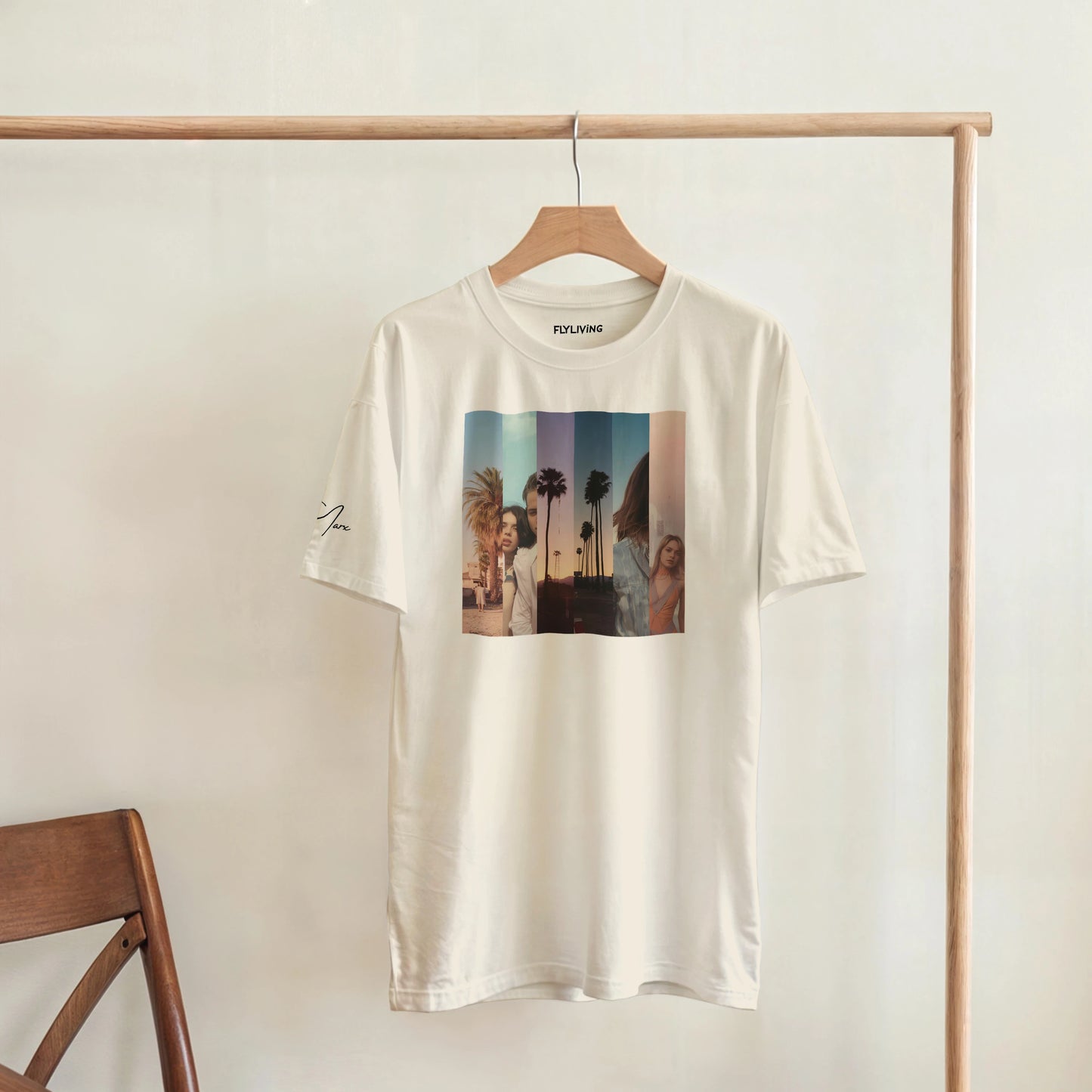 Off-white baumwoll-t-shirt mit farbigem, vertikal segmentiertem grafikdruck von palmen und menschen bei sonnenuntergang