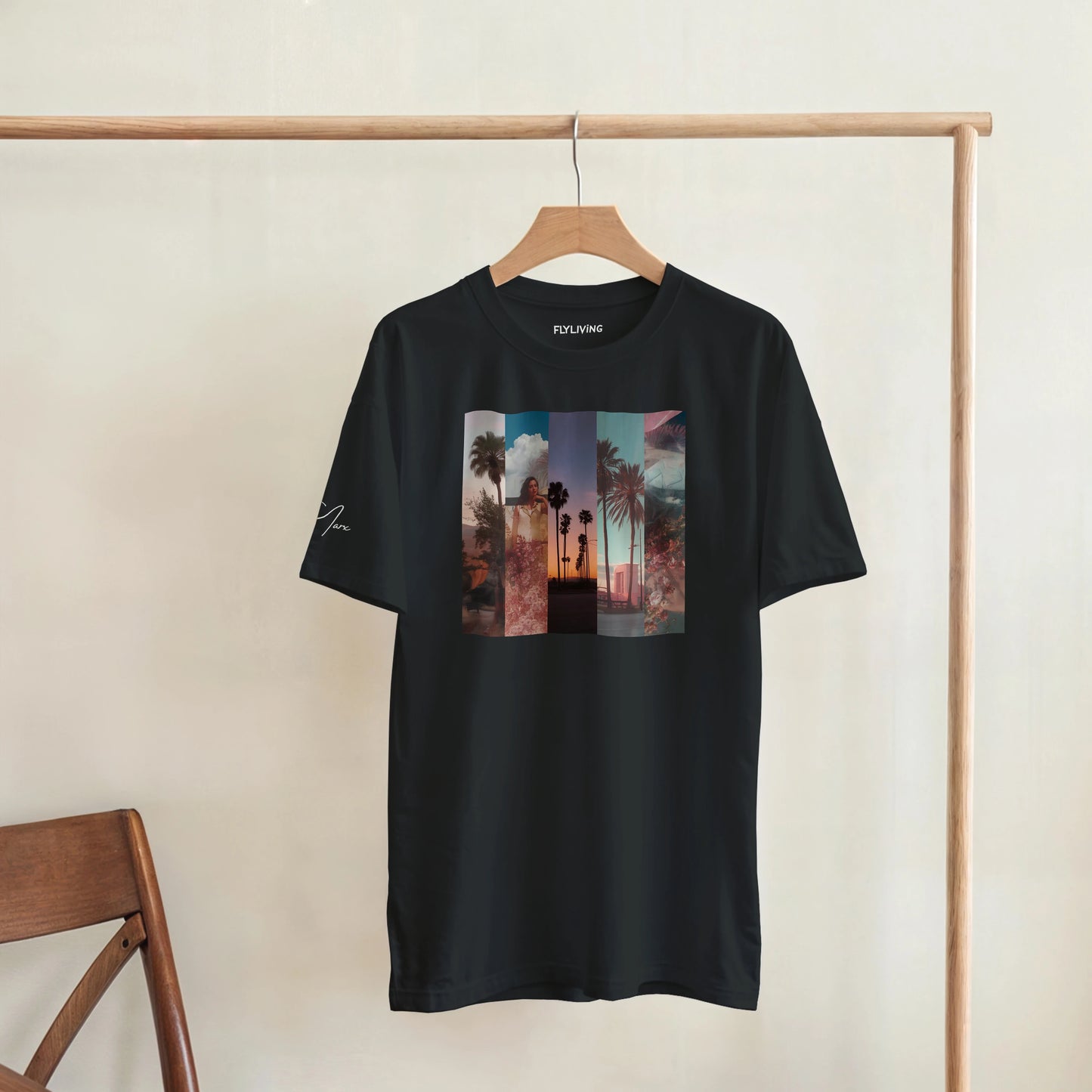 Schwarzes kurzarmheavyweight t shirt mit farbenfrohem tropischem collageprint palm trees und sonnenuntergang von la sentimental