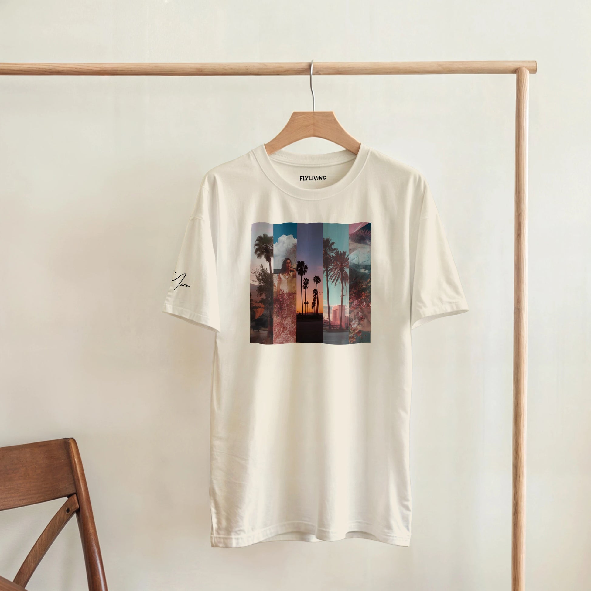 Off-white baumwoll t-shirt la sentimental heavyweight mit farbenfroher tropischer szene und palmblättern auf der brust