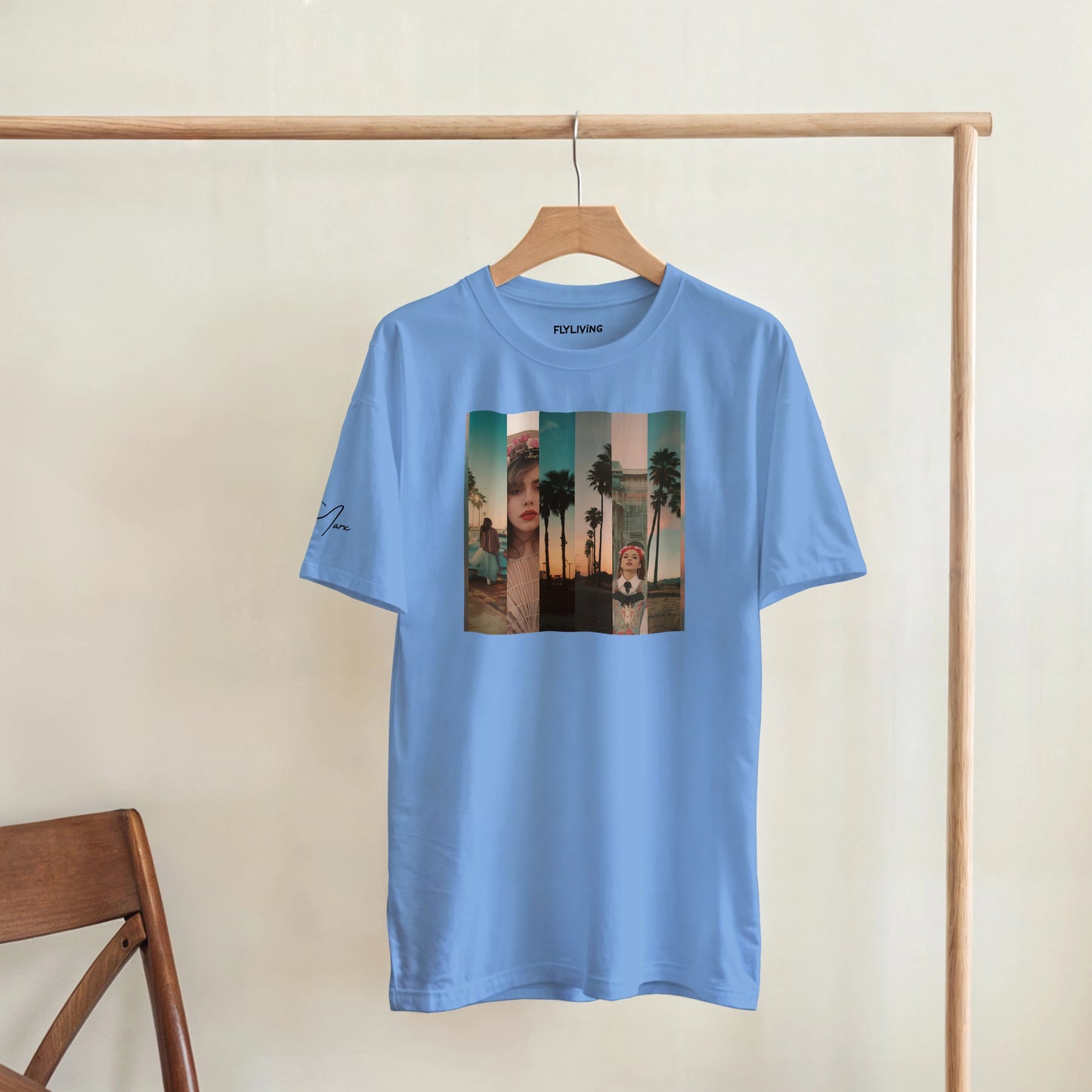 La sentimental heavyweight t-shirt in hellblau mit rechteckigem palmbaum- und porträtprint auf hochwertigem streetwear-basic