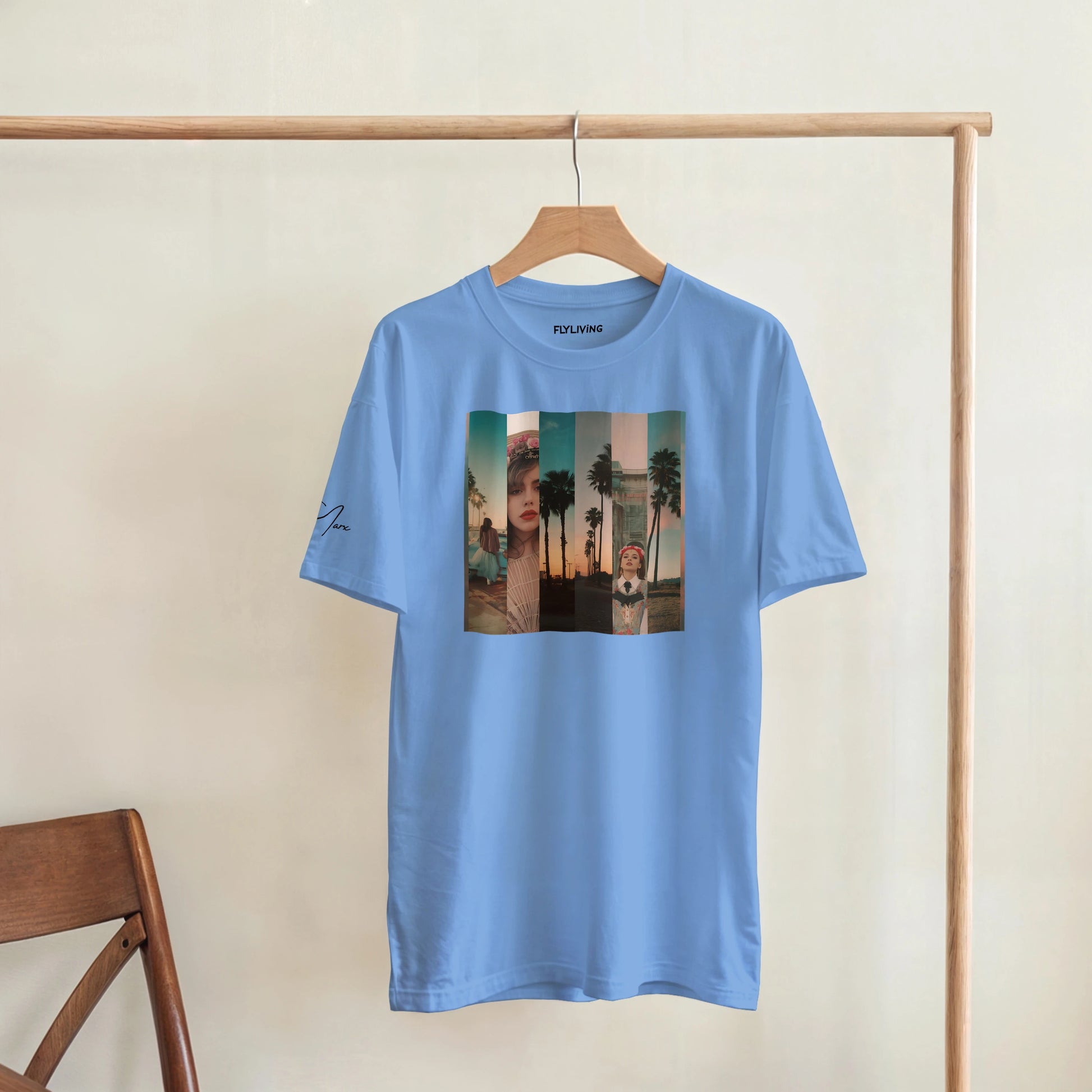 La sentimental heavyweight t-shirt in hellblau mit rechteckigem palmbaum- und porträtprint auf hochwertigem streetwear-basic