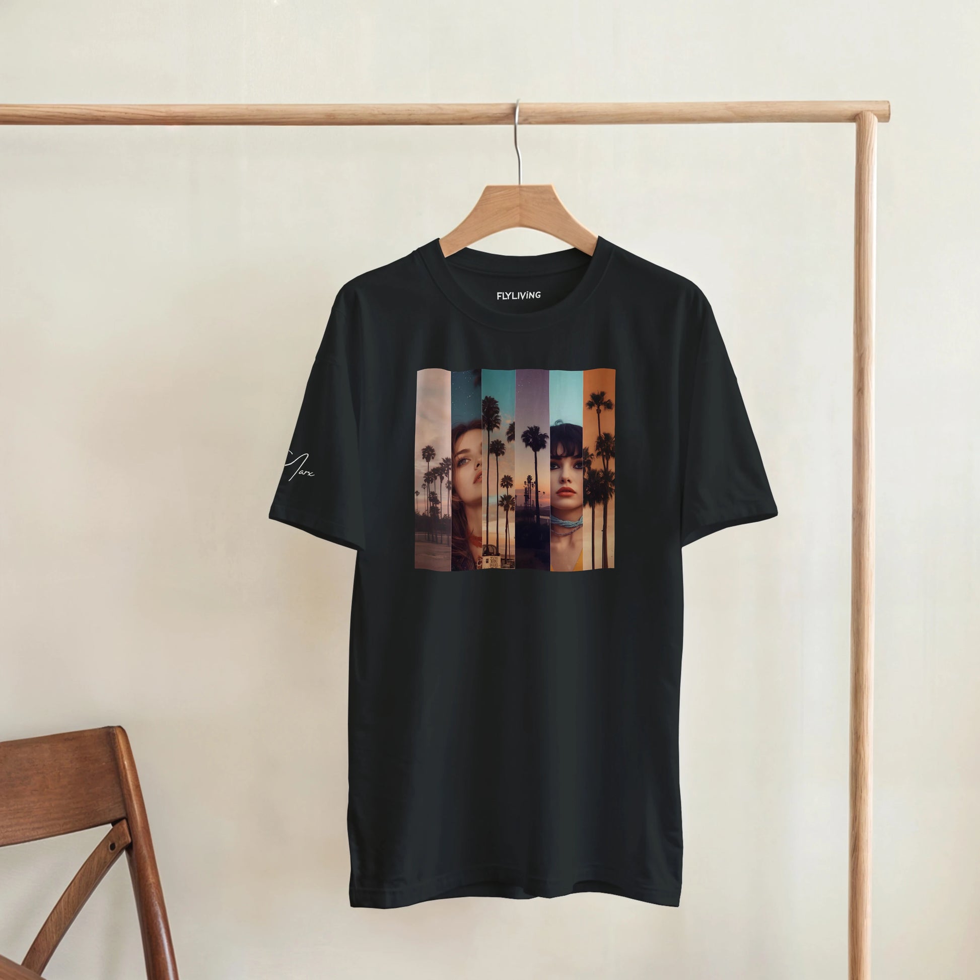 Schwarzes la sentimental heavyweight t-shirt mit kurzärmeliger schwerer baumwolle und farbigem collage-print zweier frauen vor palmen