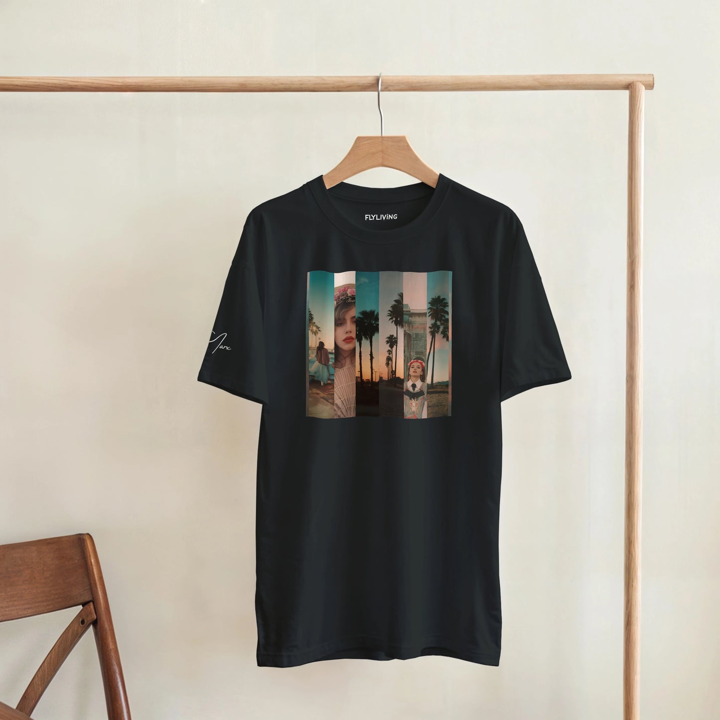 Schwarzes la sentimental heavyweight t-shirt mit buntem fotoaufdruck zwei frauen palmen sonnenuntergang flylving logo