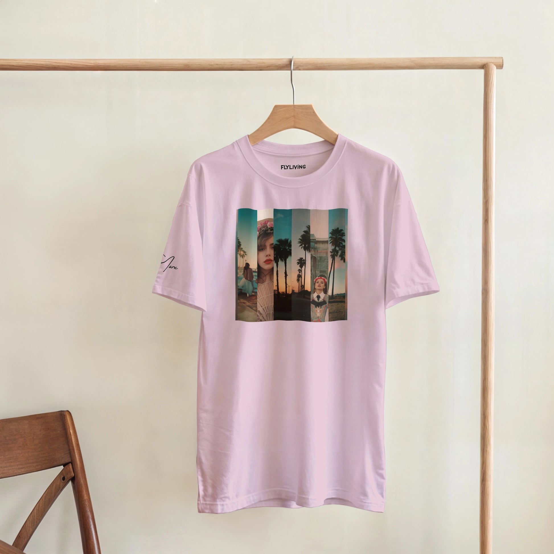 Ein weiches lavendelfarbenes Baumwoll-t-shirt mit rechteckigem Collage-print und flyliving-stickerei am Kragen