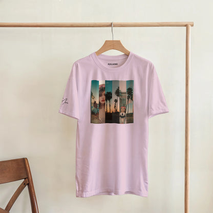 Ein weiches lavendelfarbenes Baumwoll-t-shirt mit rechteckigem Collage-print und flyliving-stickerei am Kragen