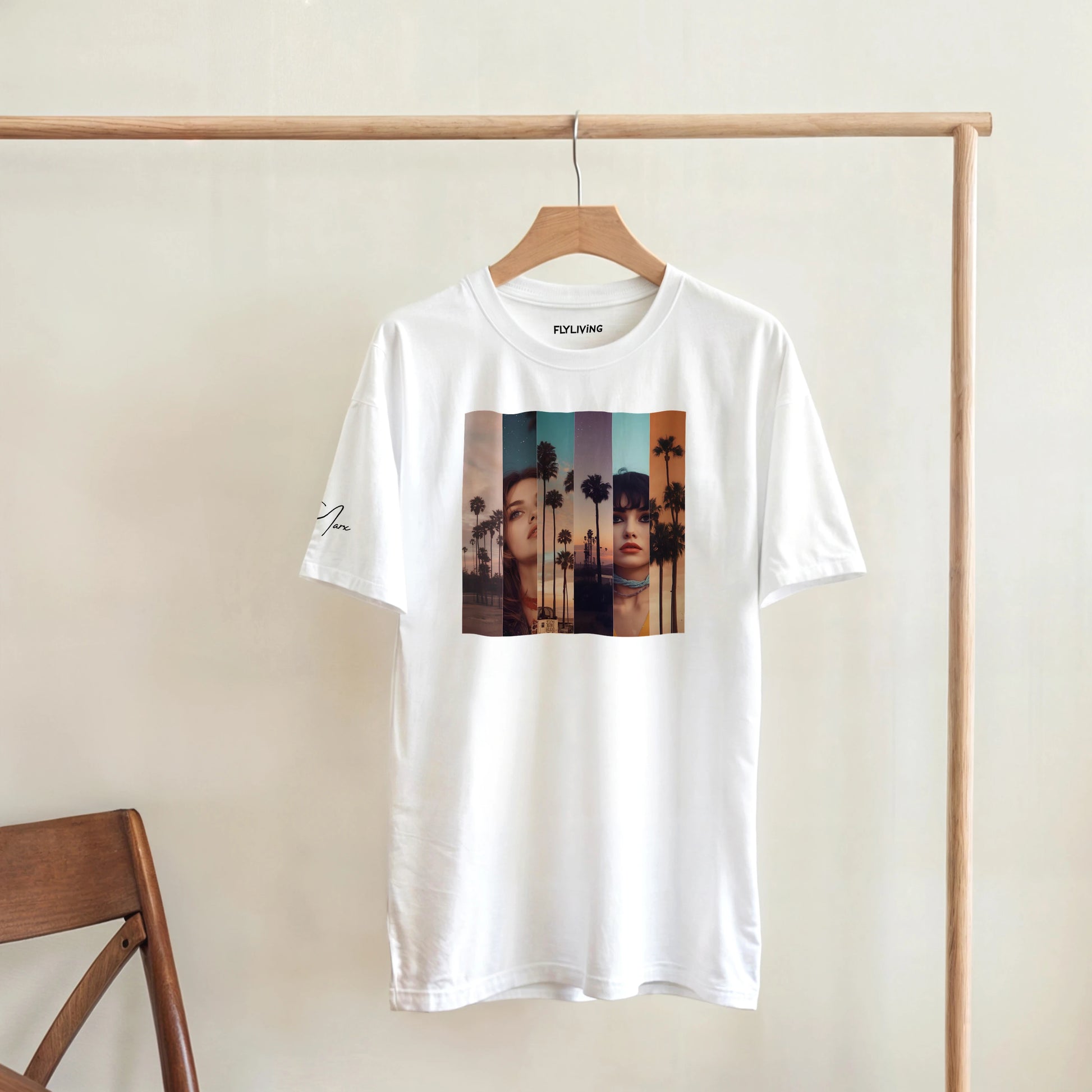 Weißes cotton t-shirt la sentimental heavyweight mit farbigem print zweier frauen und palmen vor verlaufshimmel