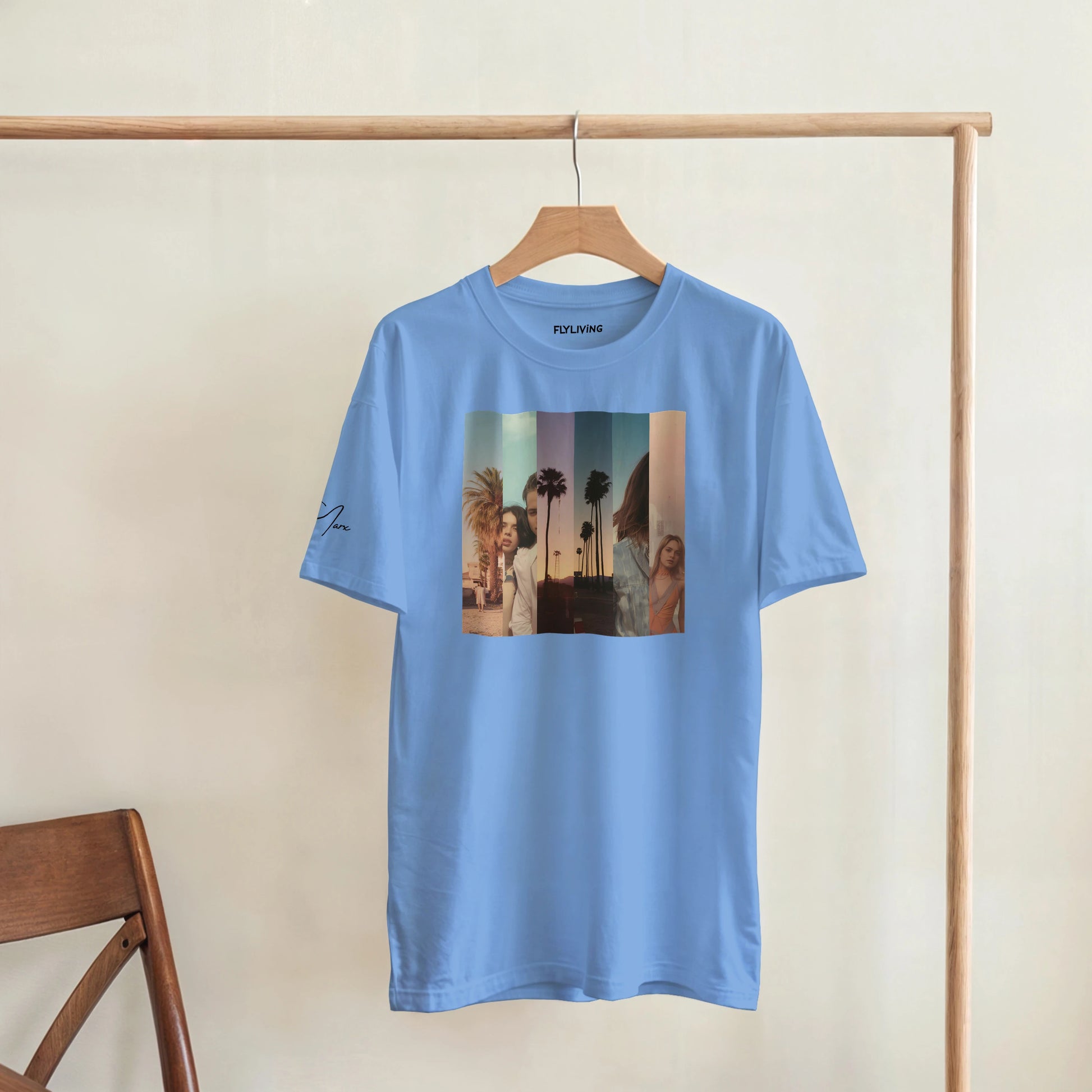 Hellblaues kurzarmshirt la sentimental heavyweight mit rechteckigem palmenmotiv und farbigen vertikalen feldern