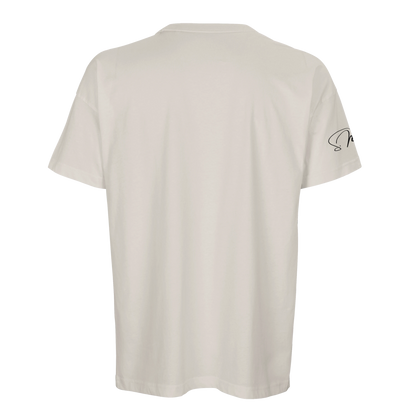Cremefarbiges oversized streetwear baumwoll t-shirt mit subtilen schwarzem logo auf dem linken ärmel