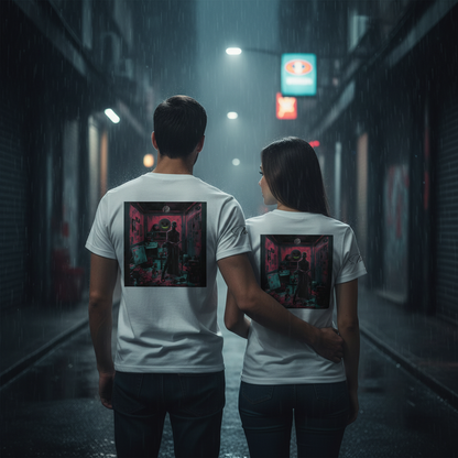 Unisex bio-baumwoll t-shirt weiß mit dunklem atmosphärischem künstler-motiv in rosa und türkislicht