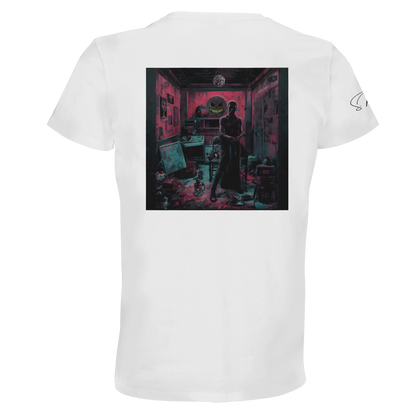 Weißes unisex bio-baumwoll t-shirt mit dunklem künstler-motiv eines figure in rosa und türkisem licht