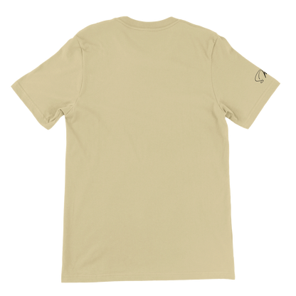 Beige kurzarm t-shirt mit kleinem schwarzem logo am linken ärmel sarkastisches frosch gesellschaftskritisches humor design