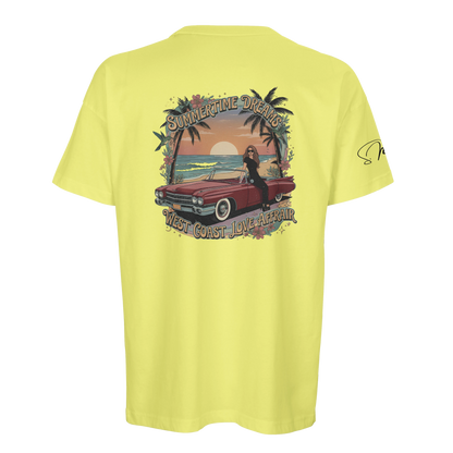 Gelbes oversized streetwear kurzarmshirt mit auffälligem frontdruck rotem oldtimer palmen und sommer text