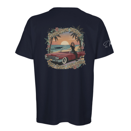 Navyblaues oversized streetwear t-shirt mit kurzem arm und vintage grafik eines roten cabrios bei sonnenuntergang