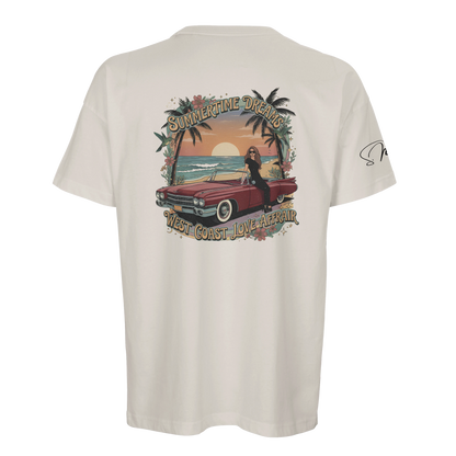Cremefarbenes oversized streetwear t-shirt aus baumwolle mit vintage grafik rotem cabrio palm trees und schrift summertime dreams west coast love affair