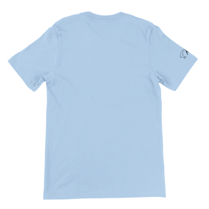 Hellblaues kurzarmshirt sarkastisches frosch mit kleinem schwarzem logo am linken ärmel gesellschaftskritisch