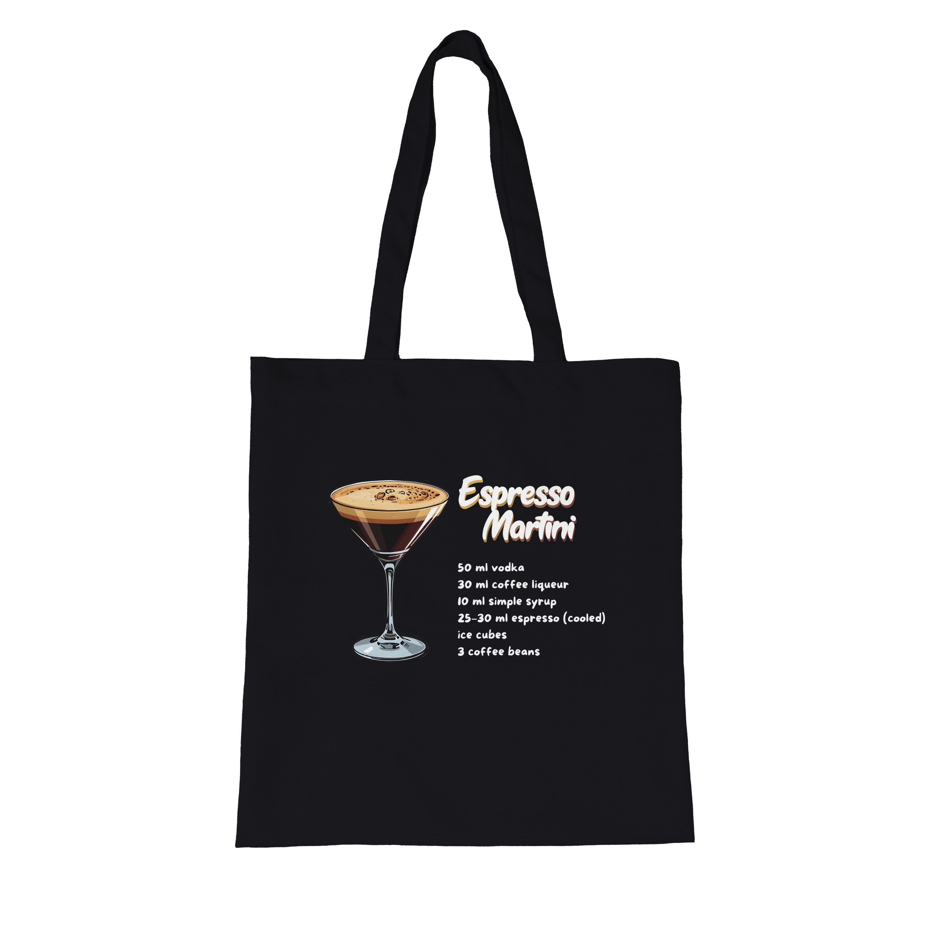 Schwarze Jutetasche "Espresso Martini" von flyliving mit Cocktail-Rezept und grafischer Cocktail-Illustration.